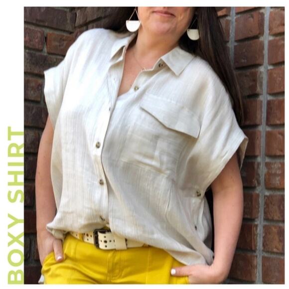Cabi Boxy Shirt Spring 2021 #5951 Women’s Size Small Linen Blend Metallic Stripe - Picture 1 of 13